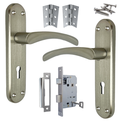 London Astrid Twist Door Handle Satin Nickel Lever on Backplate with Lock Key Hinges