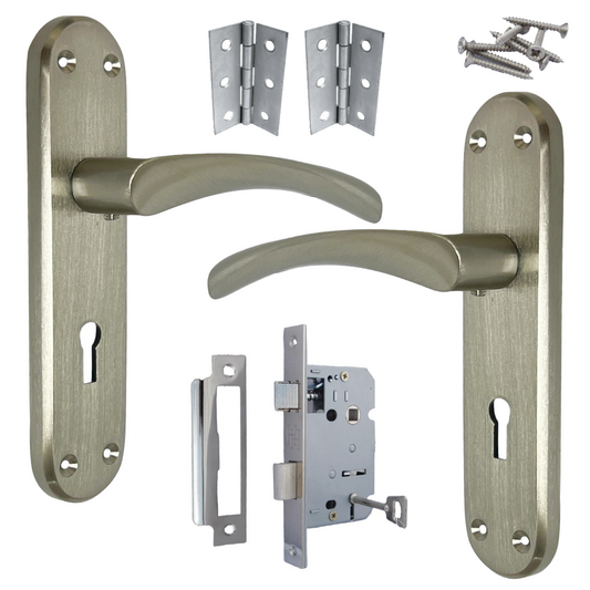 London Astrid Twist Door Handle Satin Nickel Lever on Backplate with Lock Key Hinges