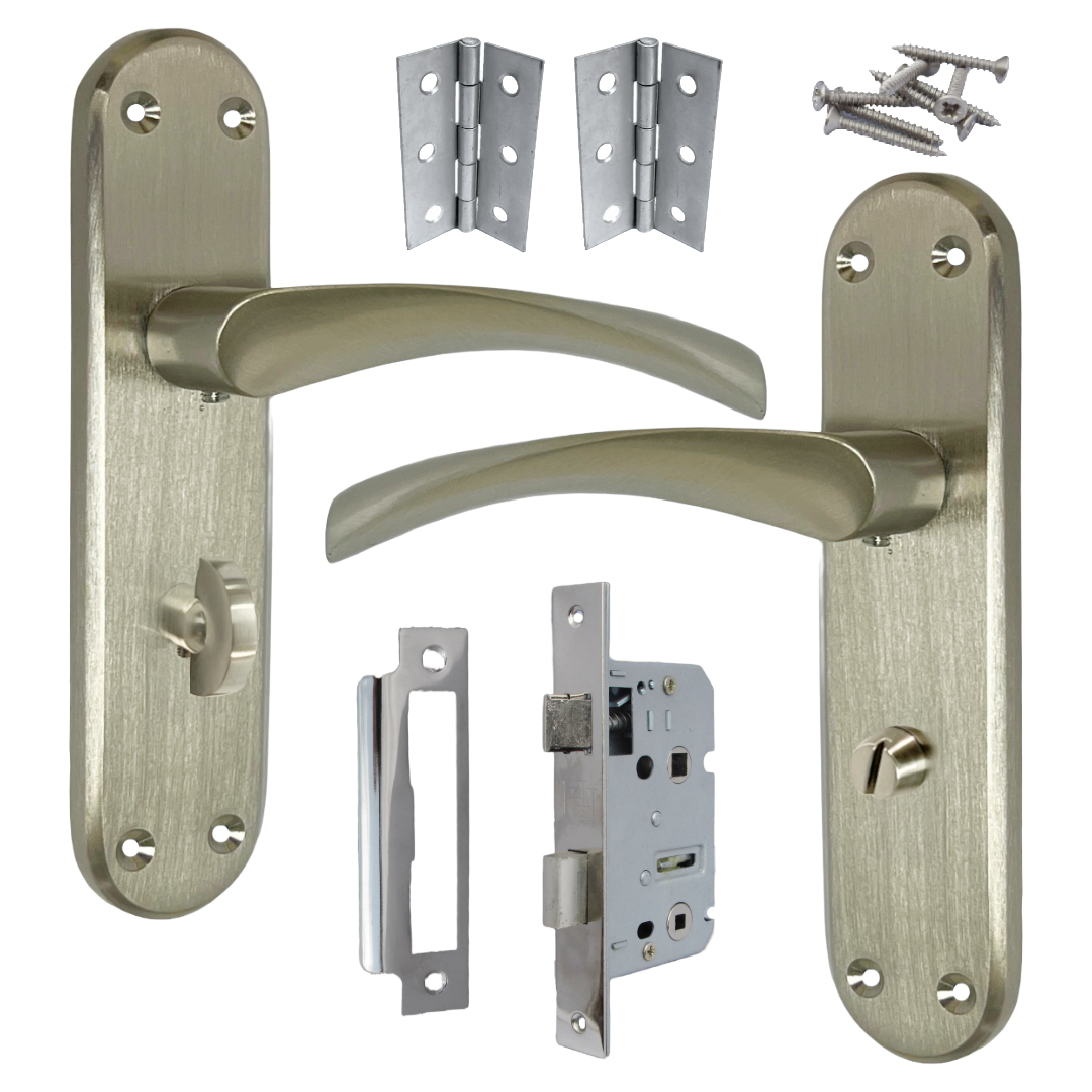 London Astrid Twist Door Handle Satin Nickel Bathroom Handles with Lock Hinges