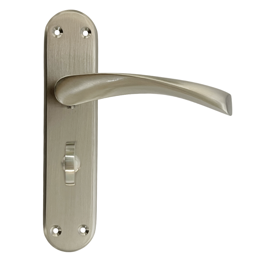 London Astrid Twist Door Handle Satin Nickel Bathroom Handles with Lock Hinges