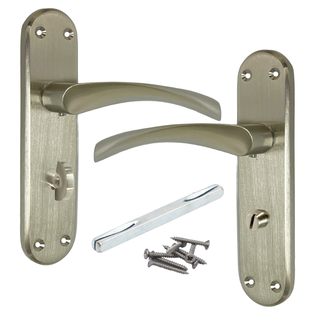 London Astrid Twist Door Handle Satin Nickel Bathroom Handles with Lock Hinges