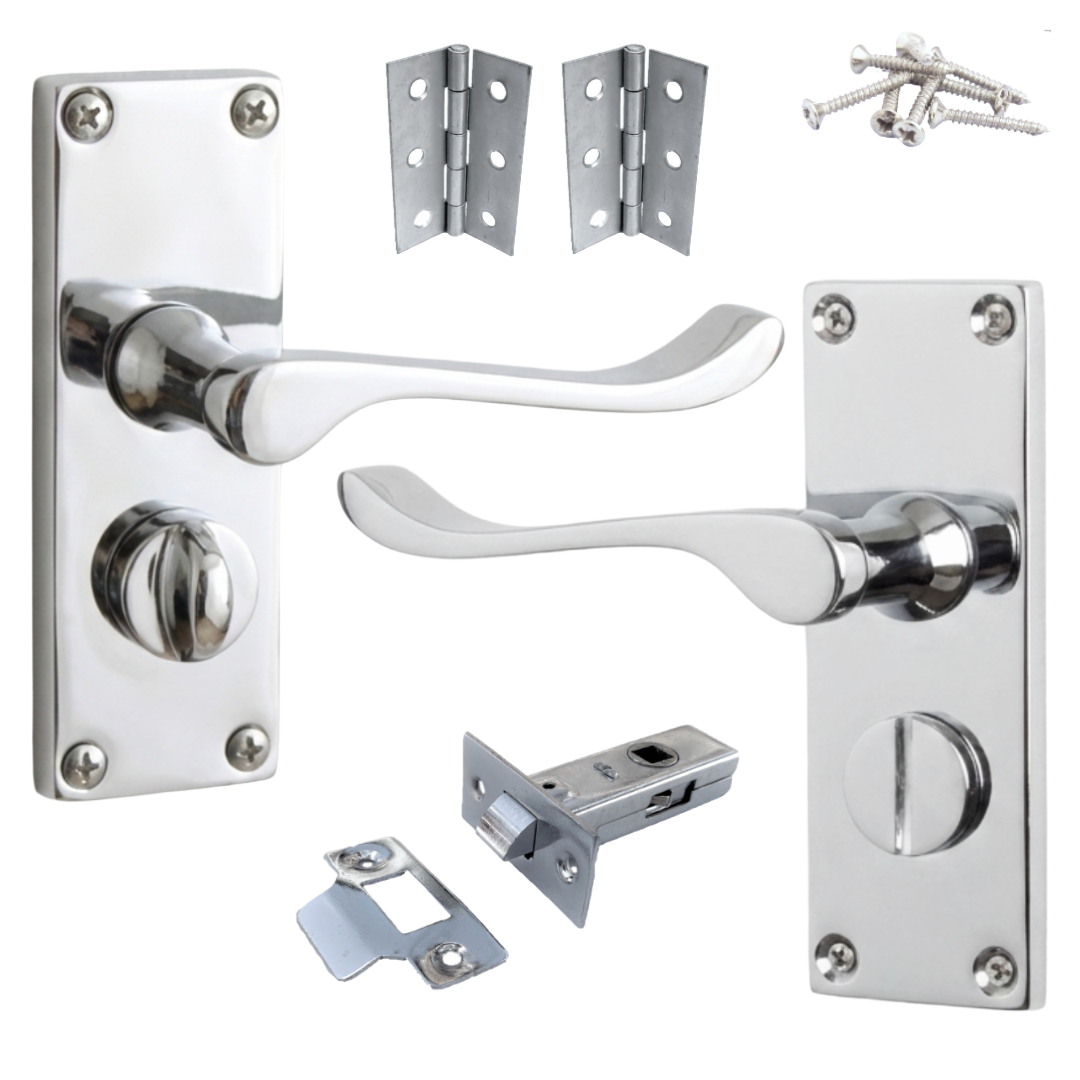 Poignées de porte à volutes pour salle de bain, WC, serrure de confidentialité - Chrome, 118 x 40 mm