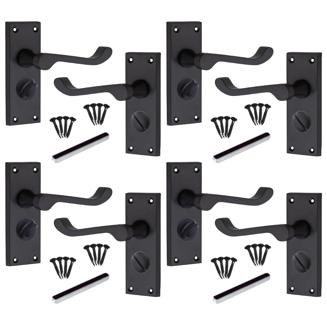 MULTIPACK Door Handles Victorian Scroll Lever Privacy Bath Lock - Matt Black 1/4/6 Pairs