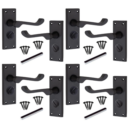 MULTIPACK Door Handles Victorian Scroll Lever Privacy Bath Lock - Matt Black 1/4/6 Pairs