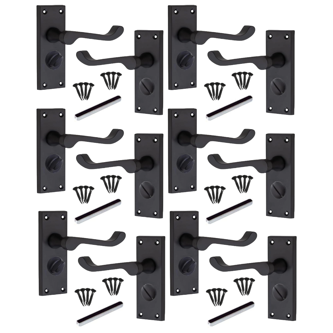 MULTIPACK Door Handles Victorian Scroll Lever Privacy Bath Lock - Matt Black 1/4/6 Pairs