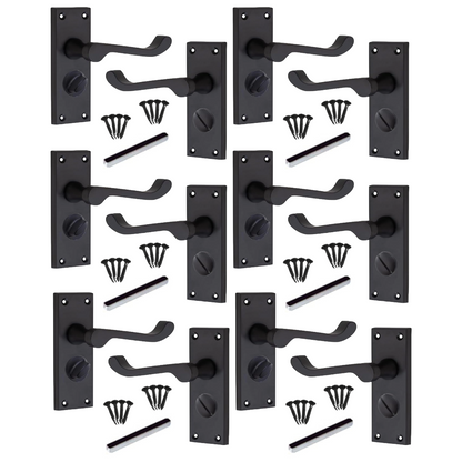 MULTIPACK Door Handles Victorian Scroll Lever Privacy Bath Lock - Matt Black 1/4/6 Pairs