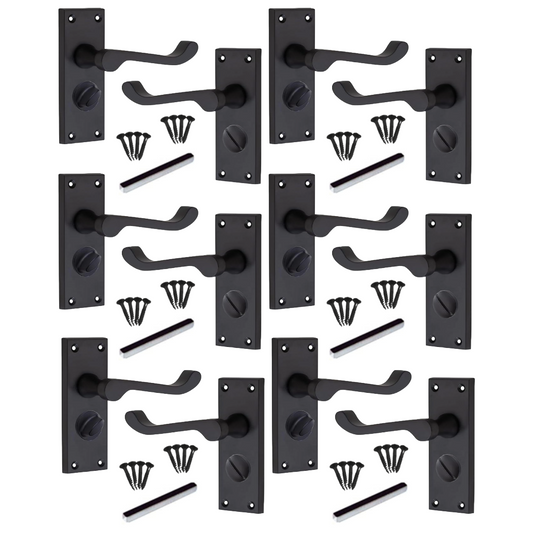 MULTIPACK Door Handles Victorian Scroll Lever Privacy Bath Lock - Matt Black 1/4/6 Pairs