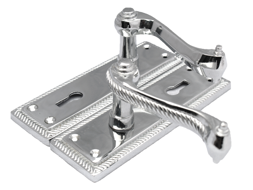 Georgian Door Handles Key Lock, Pair Chrome 150mm x 48mm Backplate WITH LOCK
