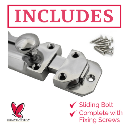 Chrome Flat Door Bolt Slide Latch Lock 4" (100mm) 6" (150mm) - Pack of 1, 2 or 4