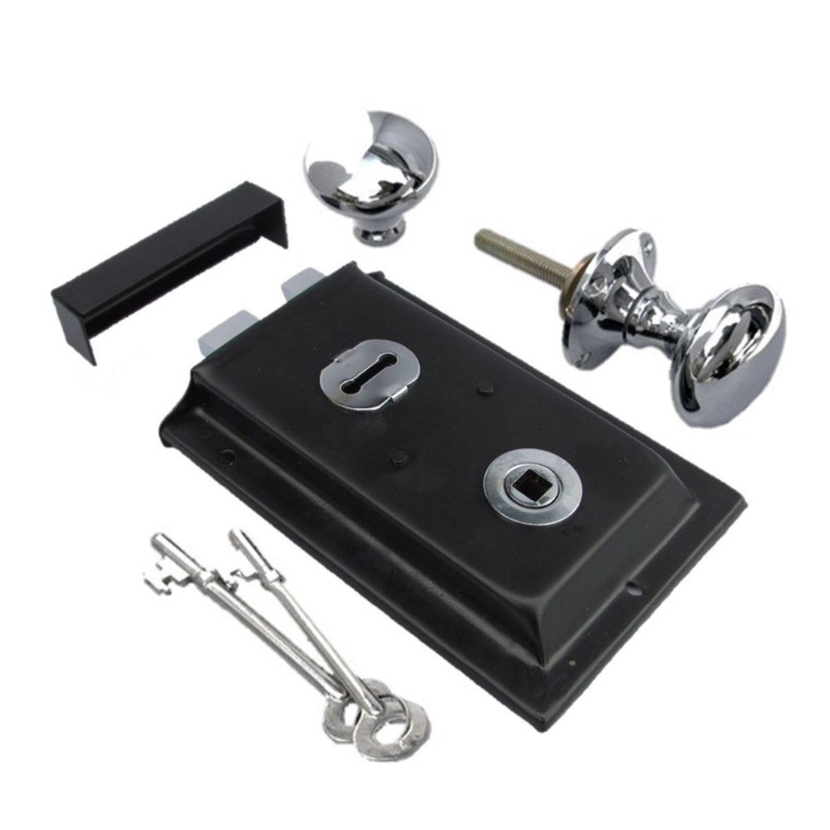 Marketplace JPG companion for Solid Black Rim Lock Door Knob Old Vintage Victorian Style Chrome Handles - 6" x 4"