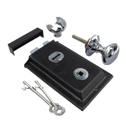 Marketplace JPG companion for Solid Black Rim Lock Door Knob Old Vintage Victorian Style Chrome Handles - 6" x 4"