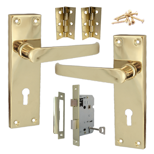 Poignées de porte à levier droit, serrure, clés, charnières - Laiton 150 x 40 mm