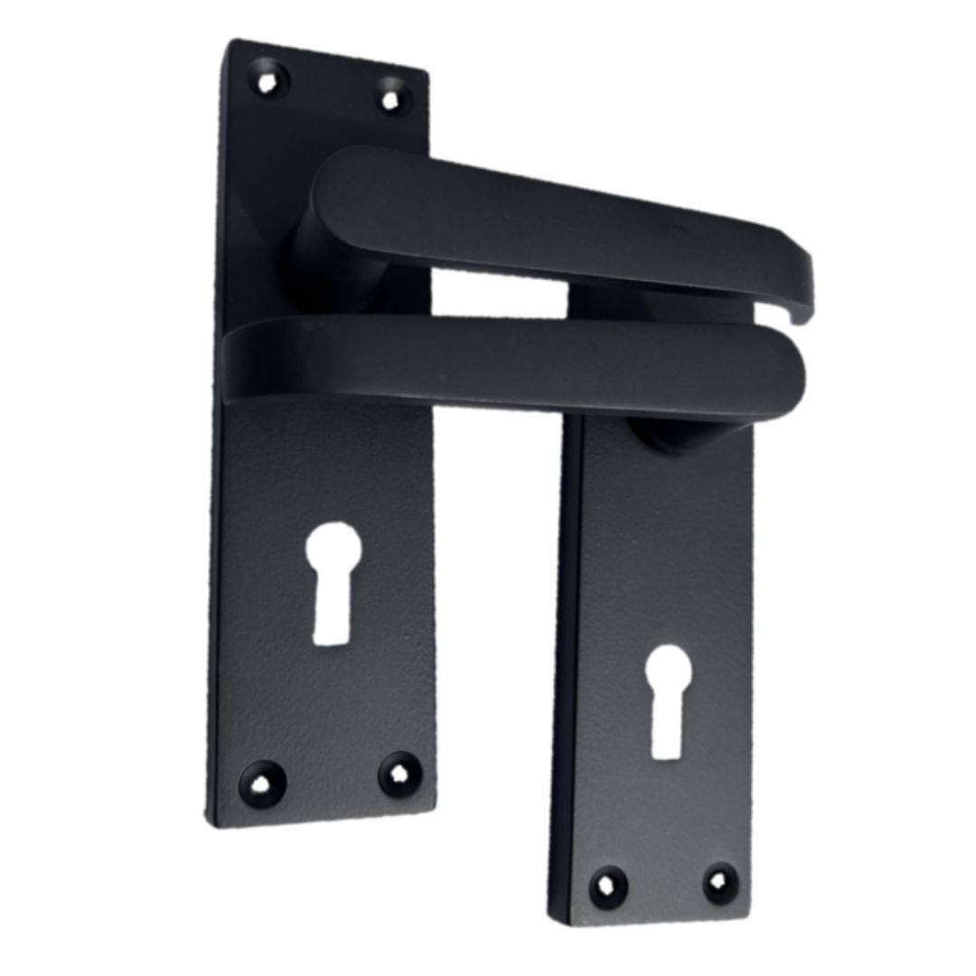 Door Handles Straight Lever Lock Keys Hinge Set - Matt Black 150 x 40mm
