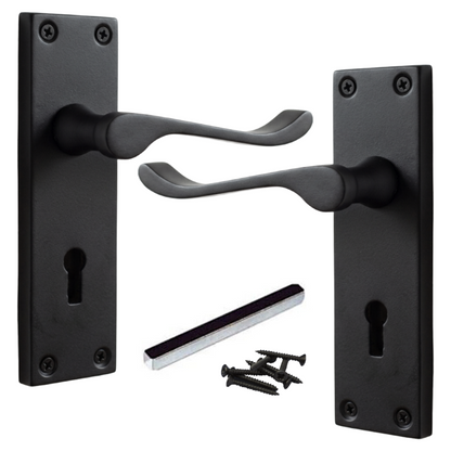 Poignées de porte victoriennes à levier et serrure à volutes - Noir mat 150 x 40 mm