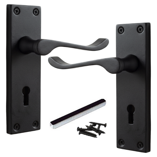 Door Handles Victorian Scroll Lever Lock - Matt Black 150 x 40mm