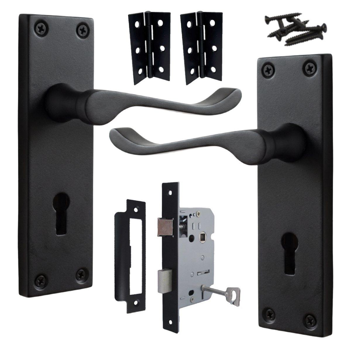 Door Handles Victorian Scroll Lever Lock - Matt Black Pack Hinges 150 X 40mm