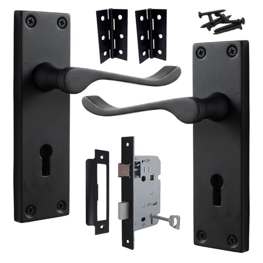 Door Handles Victorian Scroll Lever Lock - Matt Black Pack Hinges 150 x 40mm