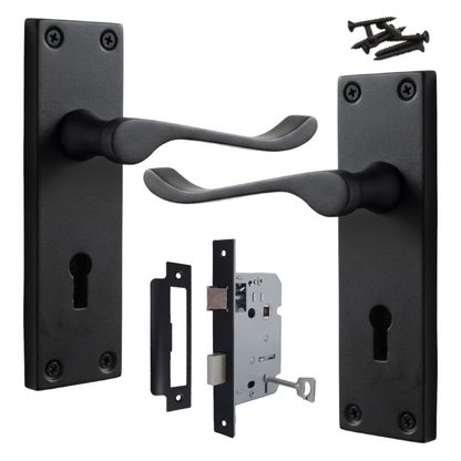 Poignées de porte victoriennes à levier et serrure à volutes - Noir mat, pack 150 x 40 mm