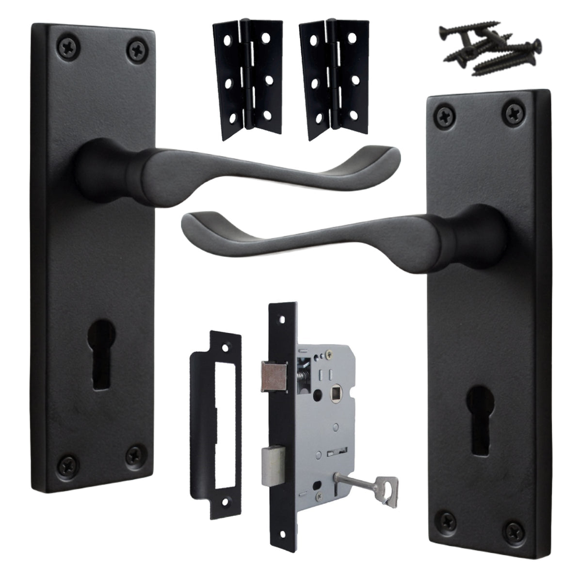 Marketplace JPG companion for Door Handles Victorian Scroll Lever Lock - Matt Black Pack Hinges 150 X 40mm