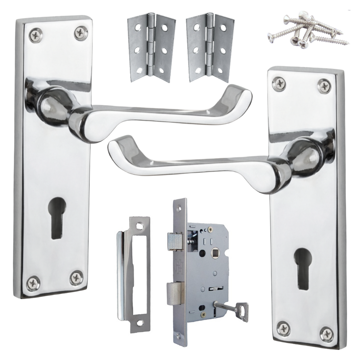 Door Handles Victorian Scroll Lever Lock - Chrome Pack Hinges 150 X 40mm