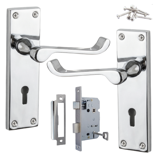 Poignées de porte victoriennes à levier et serrure à volutes - Pack chromé 150 x 40 mm
