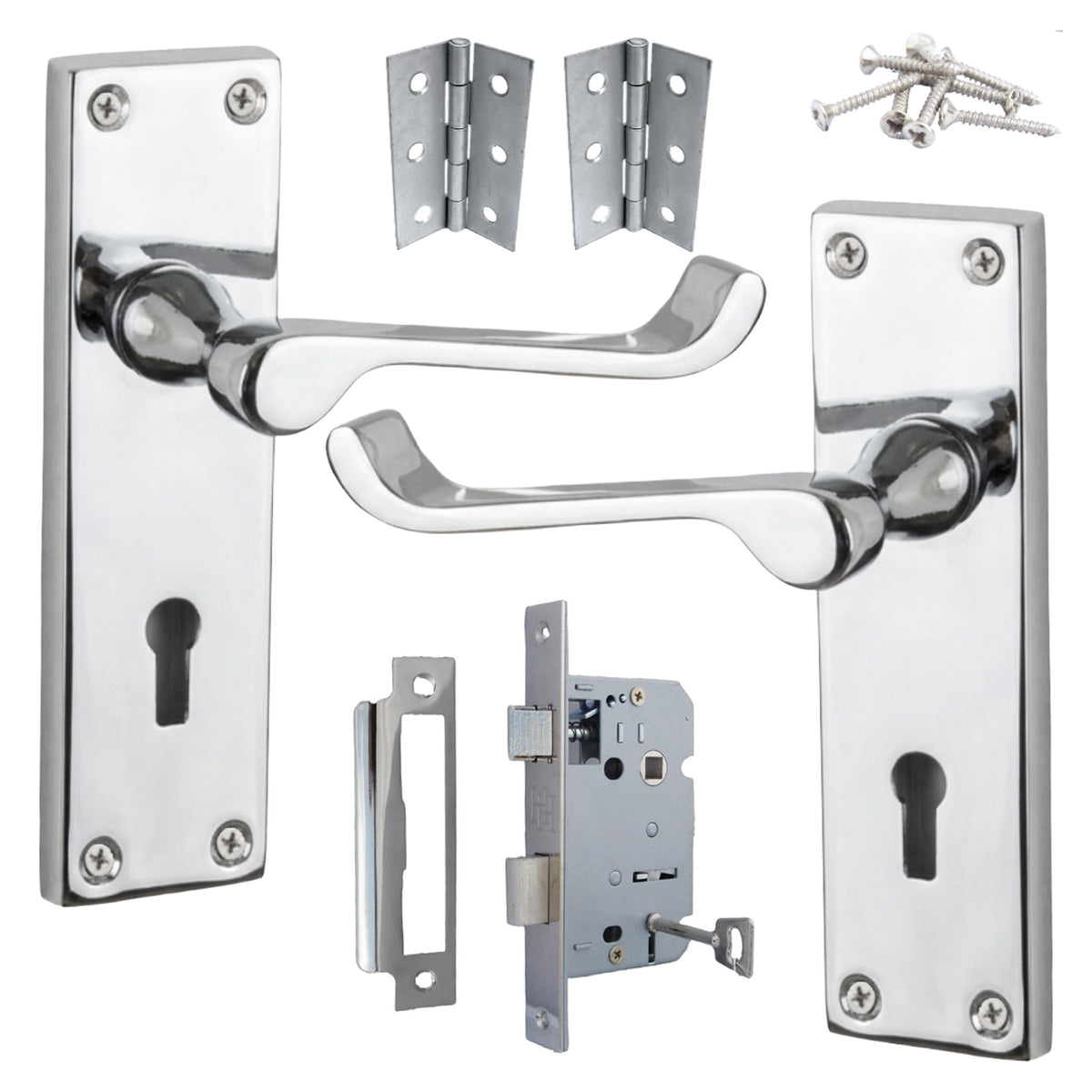 Marketplace JPG companion for Door Handles Victorian Scroll Lever Lock - Chrome Pack Hinges 150 X 40mm