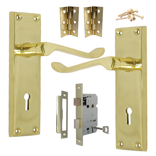Door Handles Victorian Scroll Lever Lock - Brass Pack Hinges 150 x 40mm