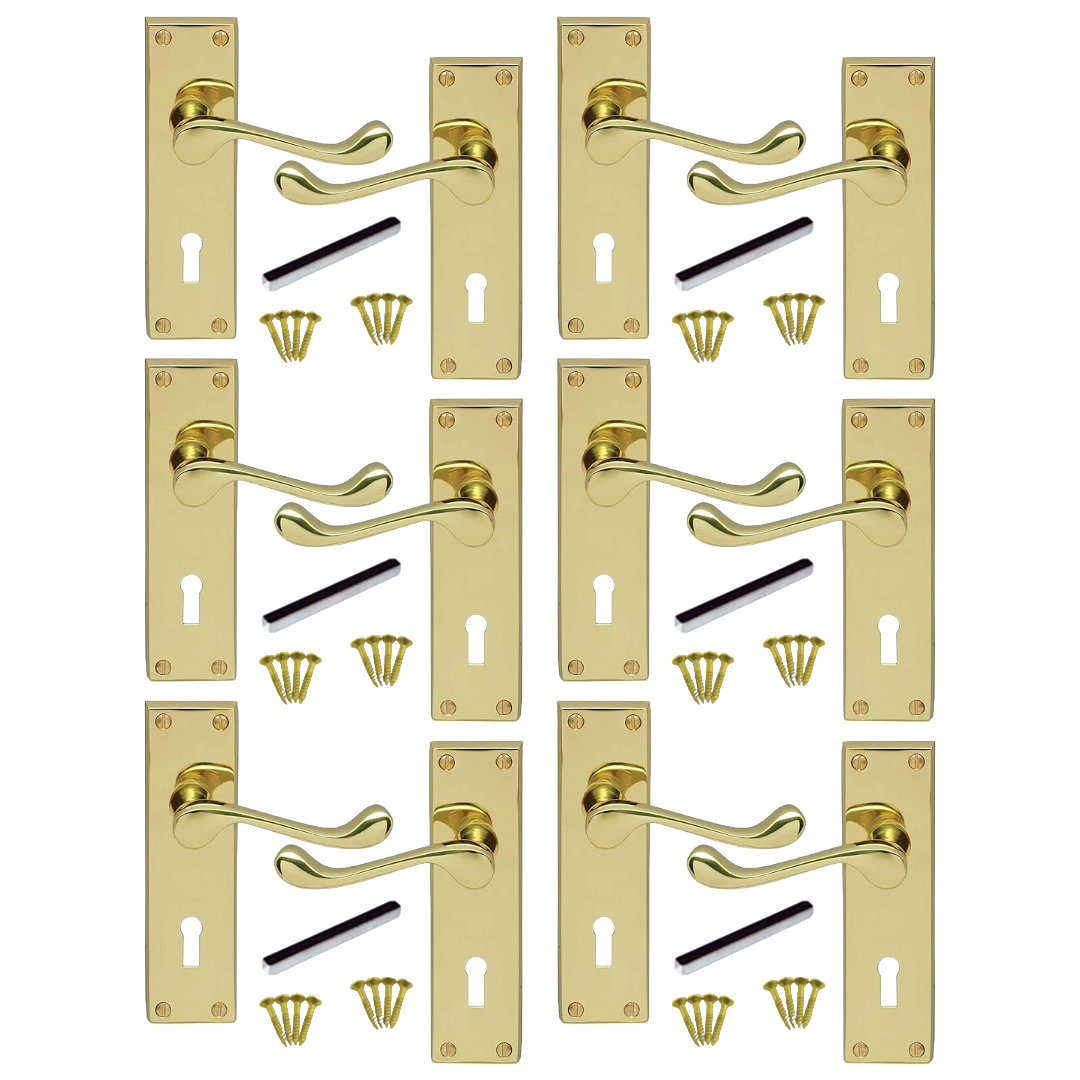 MULTIPACK Door Handles Victorian Scroll Lever Lock - Brass 1/4/6 Pairs