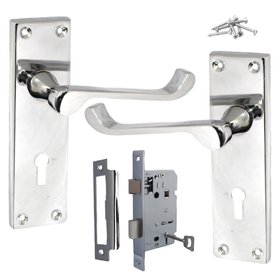 Poignées de porte victoriennes à levier et serrure à volutes - Pack chromé 150 x 40 mm