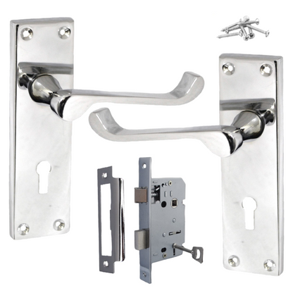 Poignées de porte victoriennes à levier et serrure à volutes - Pack chromé 150 x 40 mm
