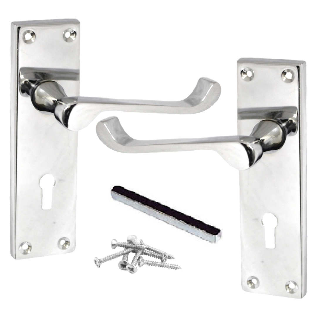 Poignées de porte victoriennes à levier et serrure à volutes - Chrome 150 x 40 mm