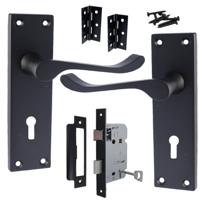 Poignées de porte victoriennes à levier et serrure à volutes - Noir mat, pack de charnières 150 x 40 mm