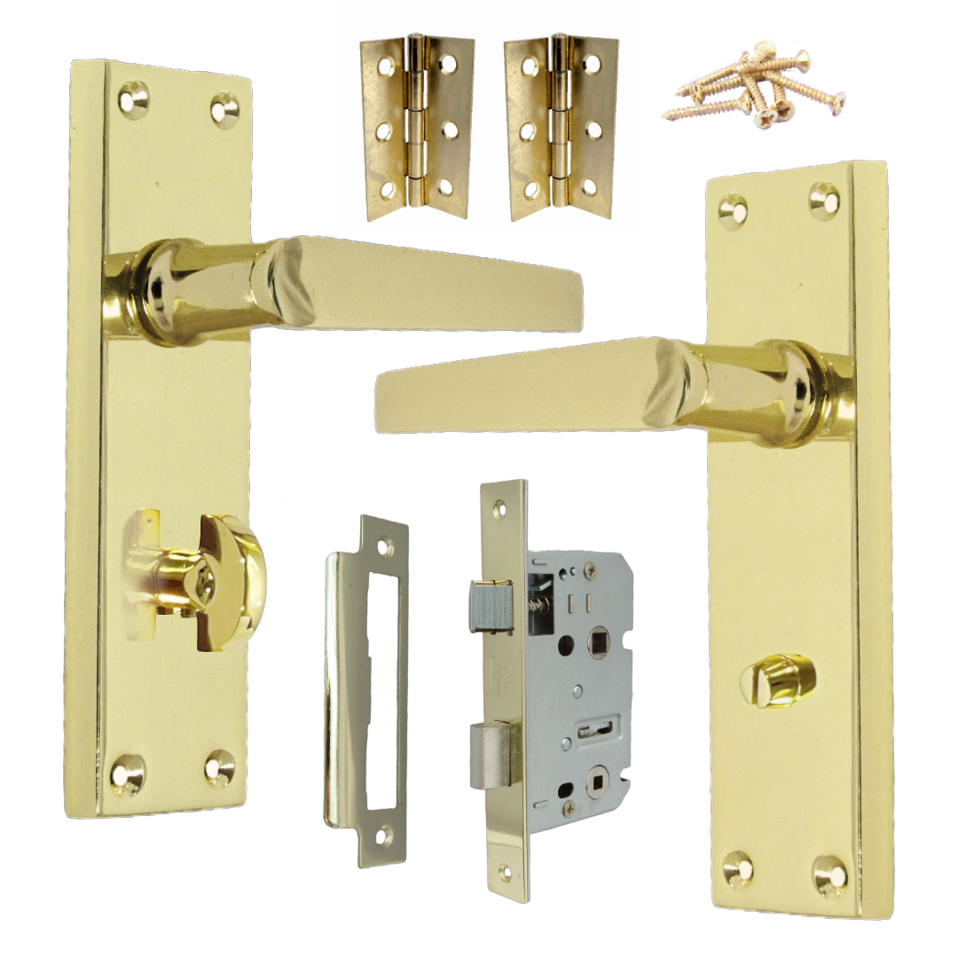 Bathroom Door Handle Set - Brass Straight Lever Victorian Handles