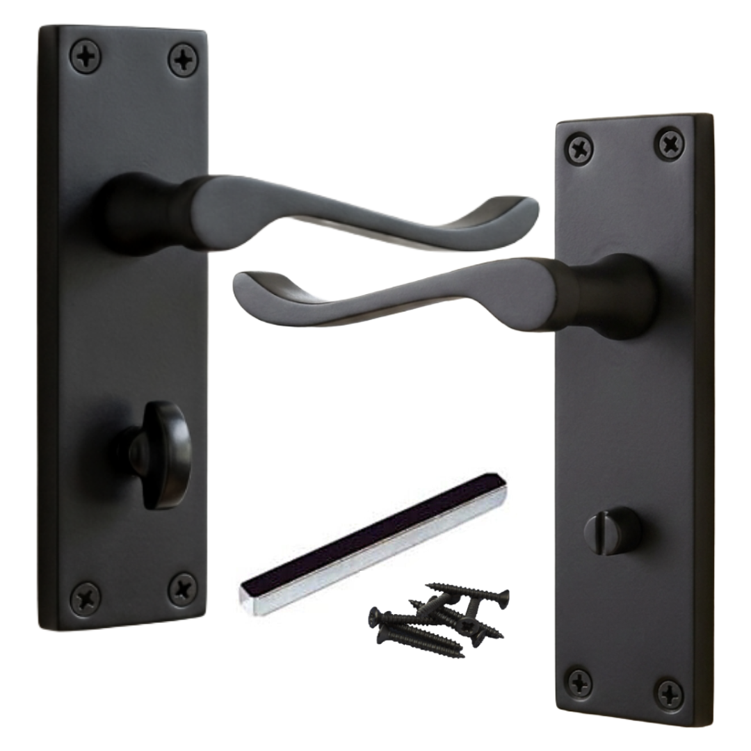 Poignées de porte victoriennes à levier et serrure de salle de bain - Noir mat 150 x 40 mm