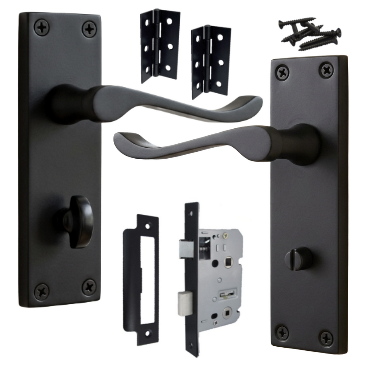 Door Handles Victorian Scroll Lever Bath Lock - Matt Black Pack Hinges 150 X 40mm