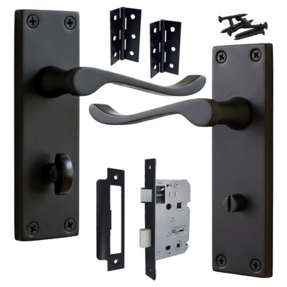 Door Handles Victorian Scroll Lever Bath Lock - Matt Black Pack Hinges 150 X 40mm