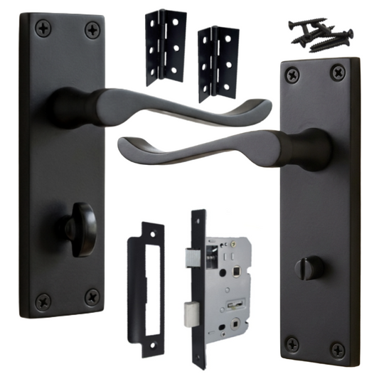 Door Handles Victorian Scroll Lever Bath Lock - Matt Black Pack Hinges 150 x 40mm