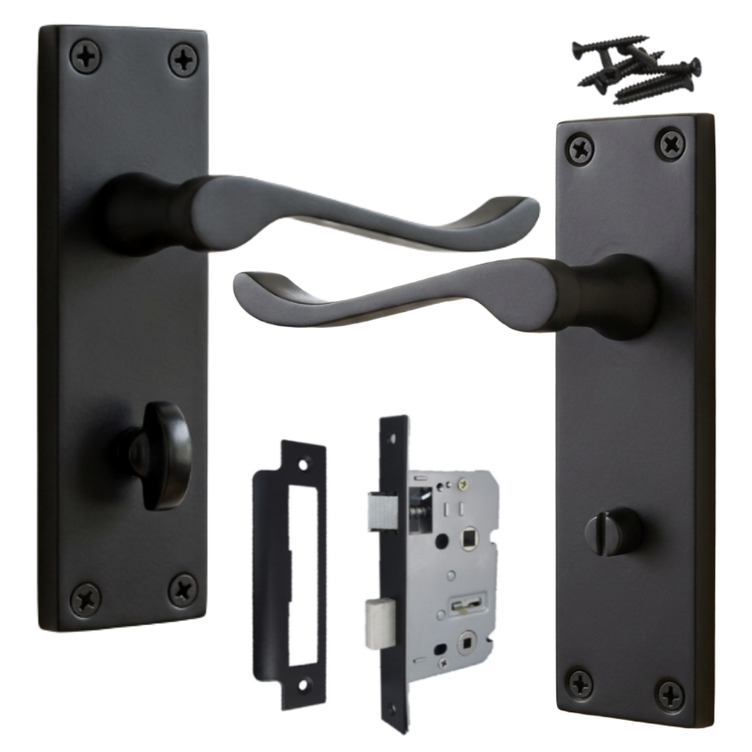 Poignées de porte victoriennes à levier et serrure de salle de bain - Noir mat, paquet de 150 x 40 mm