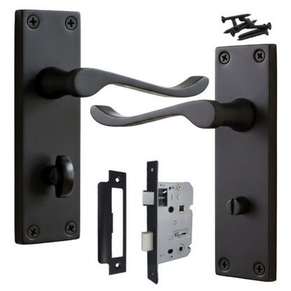 Poignées de porte victoriennes à levier et serrure de salle de bain - Noir mat, paquet de 150 x 40 mm