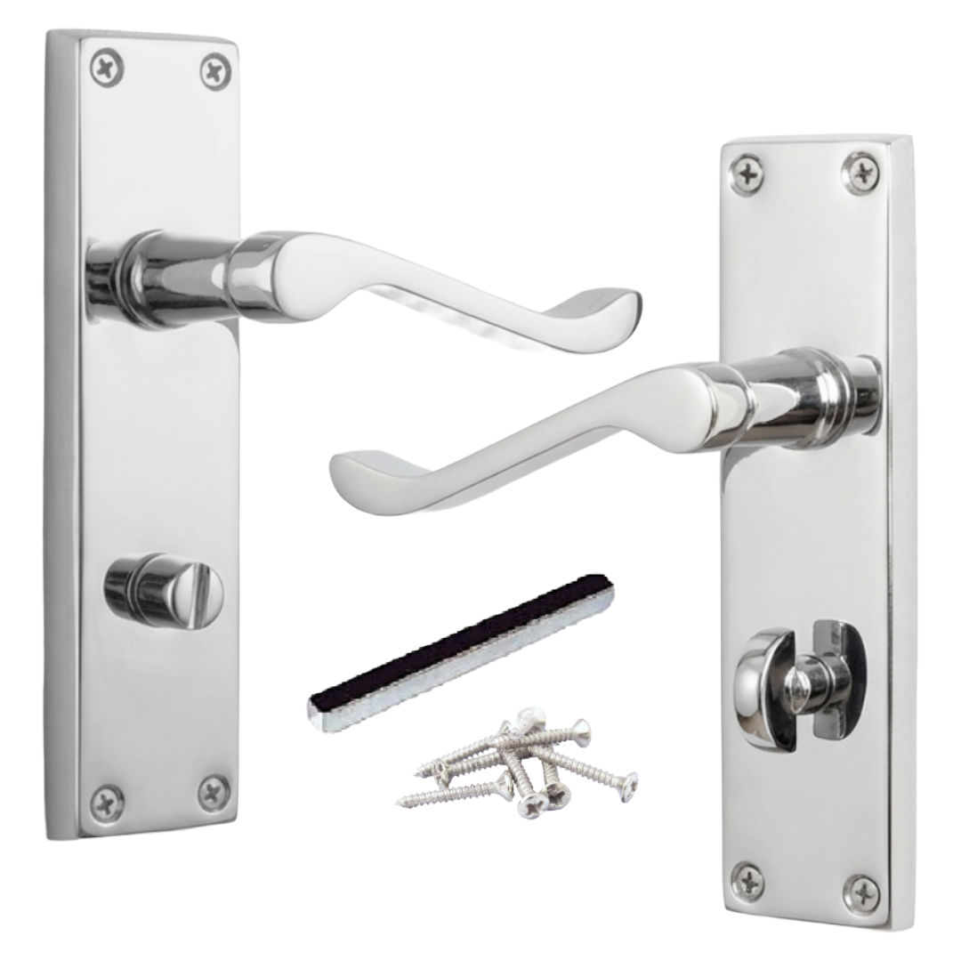 Poignées de porte de style victorien avec levier à volutes et serrure pour salle de bain - Chrome 150 x 40 mm