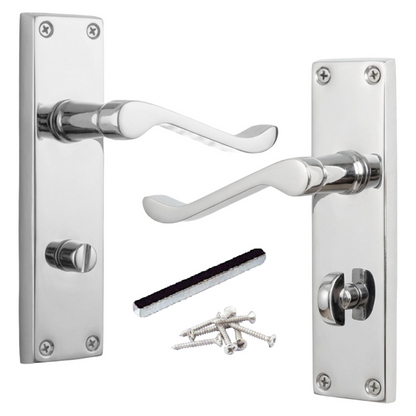 Poignées de porte de style victorien avec levier à volutes et serrure pour salle de bain - Chrome 150 x 40 mm