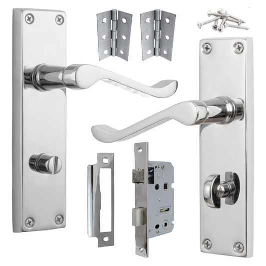 Door Handles Victorian Scroll Lever Bath Lock - Chrome Pack Hinges 150 x 40mm