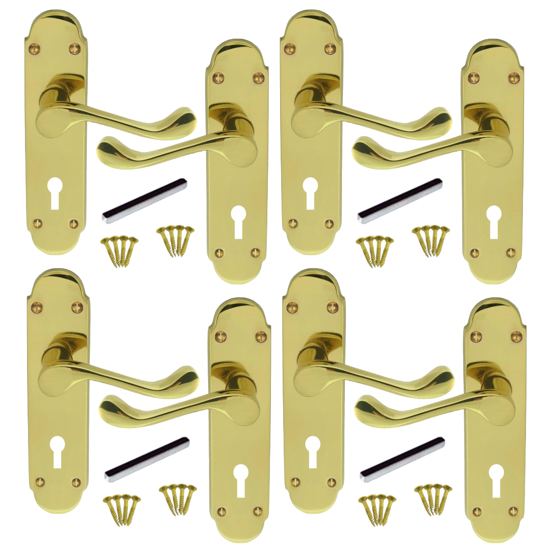 MULTIPACK Door Handles Key Lock Brass Epsom Victorian Scroll Lever 1/4/6 Pairs