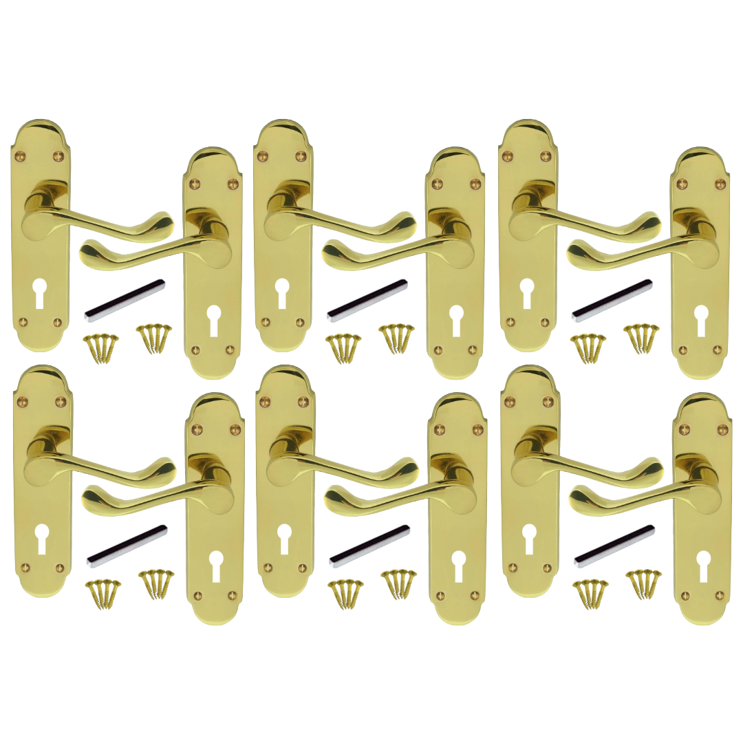 MULTIPACK Door Handles Key Lock Brass Epsom Victorian Scroll Lever 1/4/6 Pairs