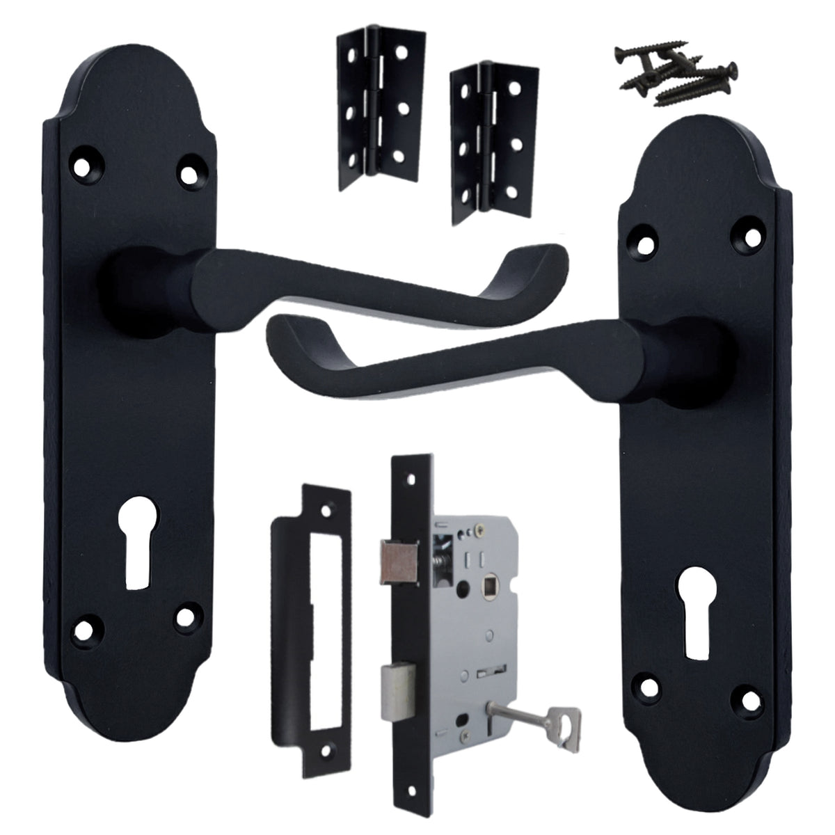 Marketplace JPG companion for Epsom Door Handle Key Lock Scroll Lever - Matt Black Pack Hinges