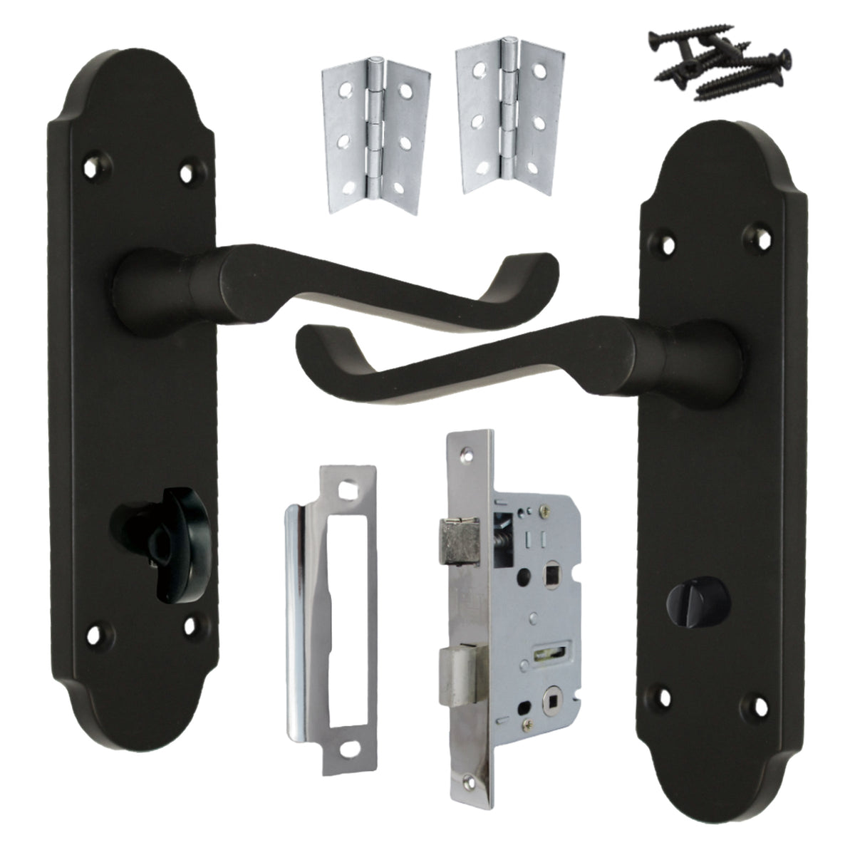 Marketplace JPG companion for Epsom Door Handle Bathroom Lock Scroll Lever - Matt Black Chrome Pack Hinges