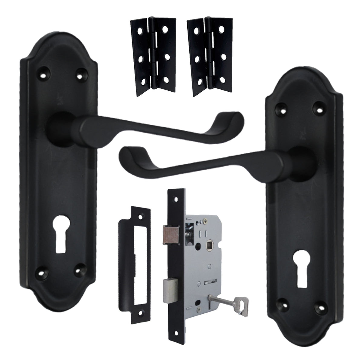 Marketplace JPG companion for Ashford Door Handle Key Lock Scroll Lever - Matt Black Key Lock Hinge Pack