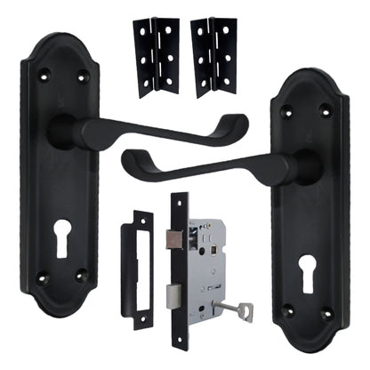 Marketplace JPG companion for Ashford Door Handle Key Lock Scroll Lever - Matt Black Key Lock Hinge Pack