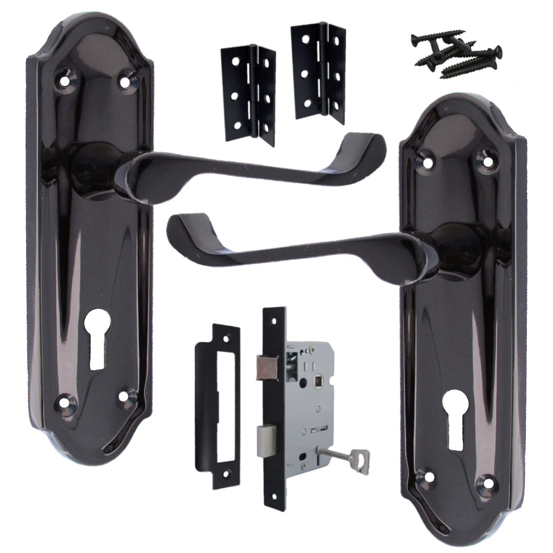 Ashford Door Handle Key Lock Scroll Lever - Black Nickel Key Lock Hinge Pack