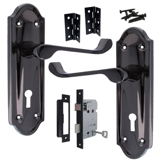 Ashford Door Handle Key Lock Scroll Lever - Black Nickel Key Lock Hinge Pack